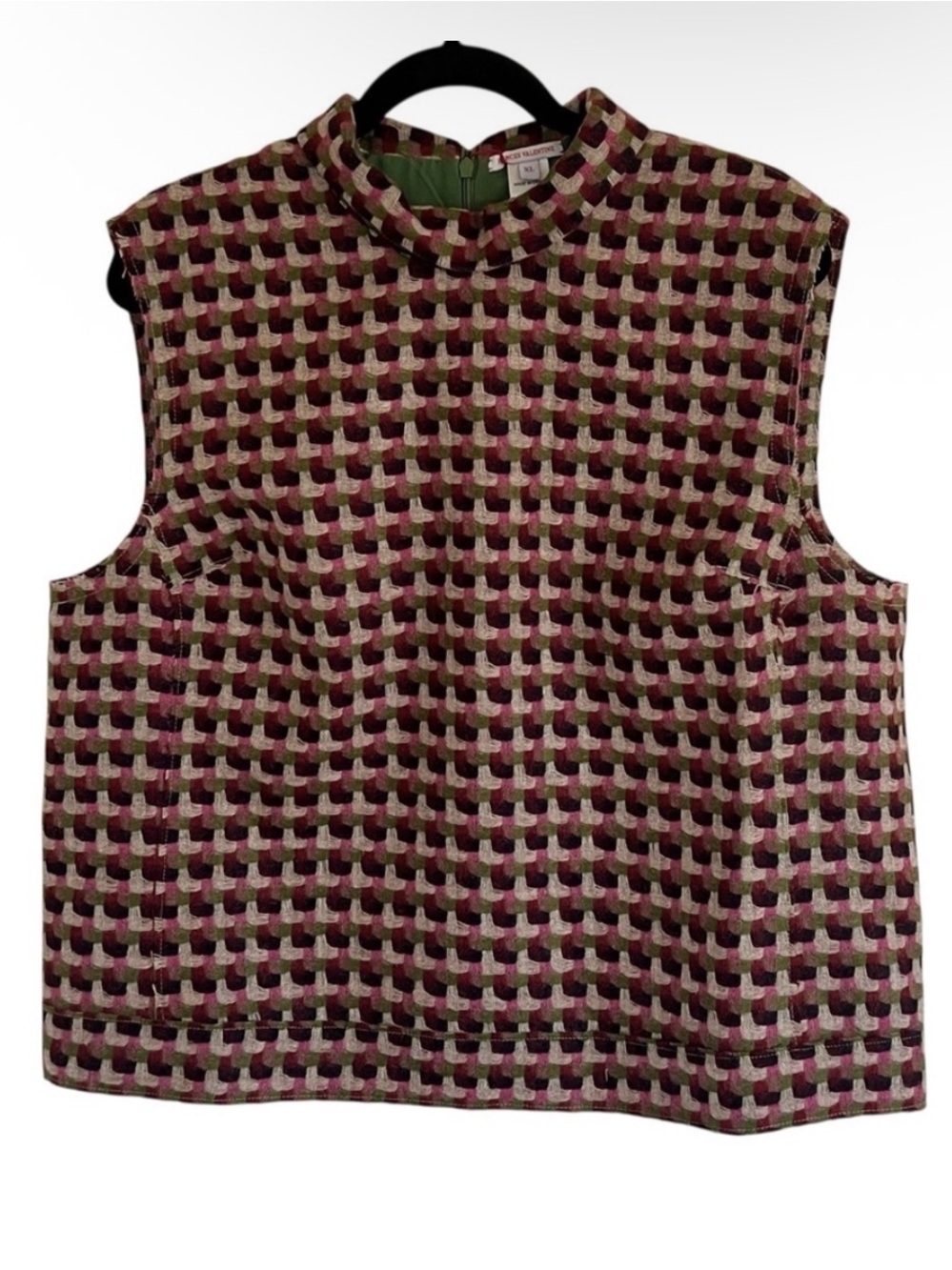 Frances Valentine Colette Basketweave Plaid 100% Wool Top in Pink Green XL